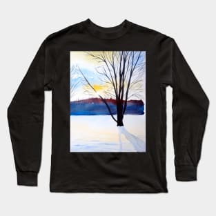 Winter Sunset and Trees Christmas Watercolor Print Long Sleeve T-Shirt